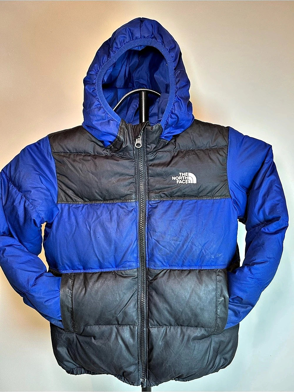The North Face Color Block Hooded Puffer in Blue & Black- 6T